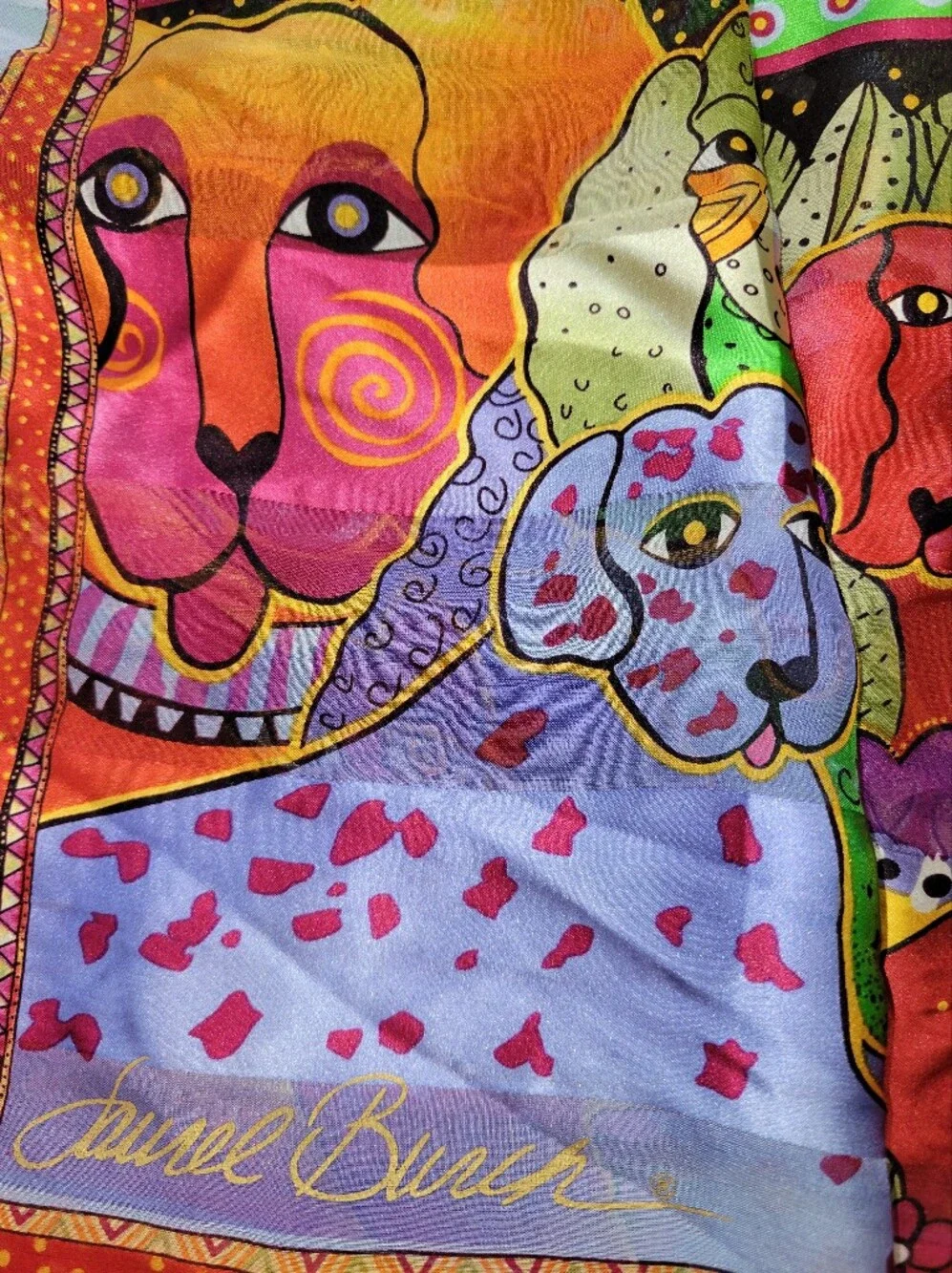 Laurel Burch 100% Silk Dog Print Scarf Tassel Hem Whimsical Art